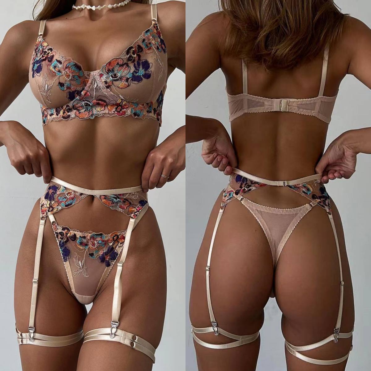 Luxury Skincare Sets - Krasapt Luxury Embroidery See-through Lingerie 4Pcs